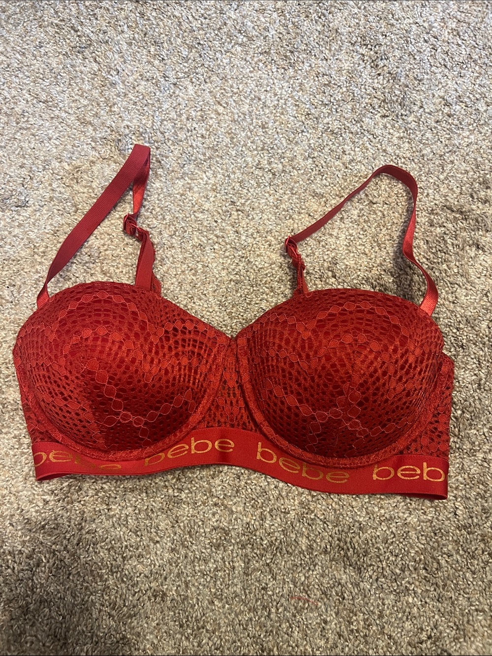 bebe Red Lace Longline Bralette with Gold Logo Band